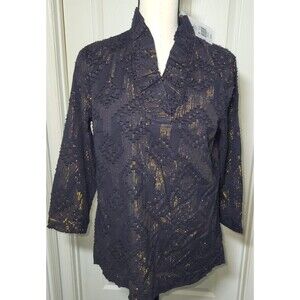 Crown & Ivy Women’s Small Navy Gold Metallic Textured Blouse 3/4 Sleeve NWT